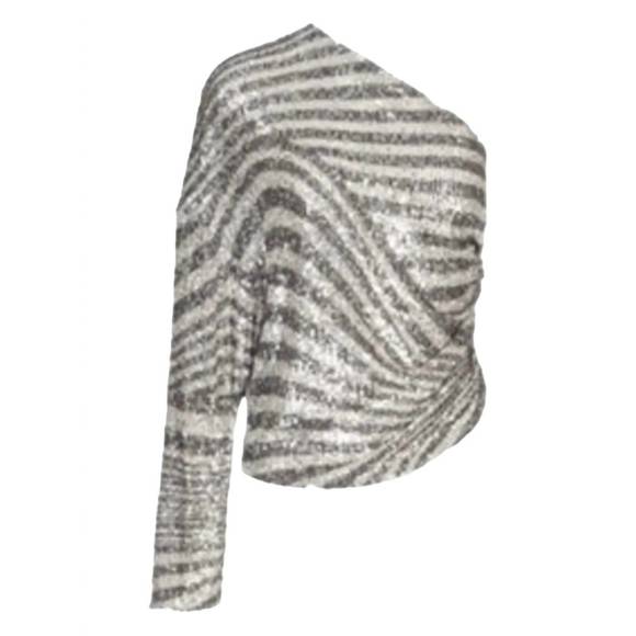 NEW IN THE MOOD FOR LOVE asymmetrical linear print top in beige-emerald - Picture 2 of 2